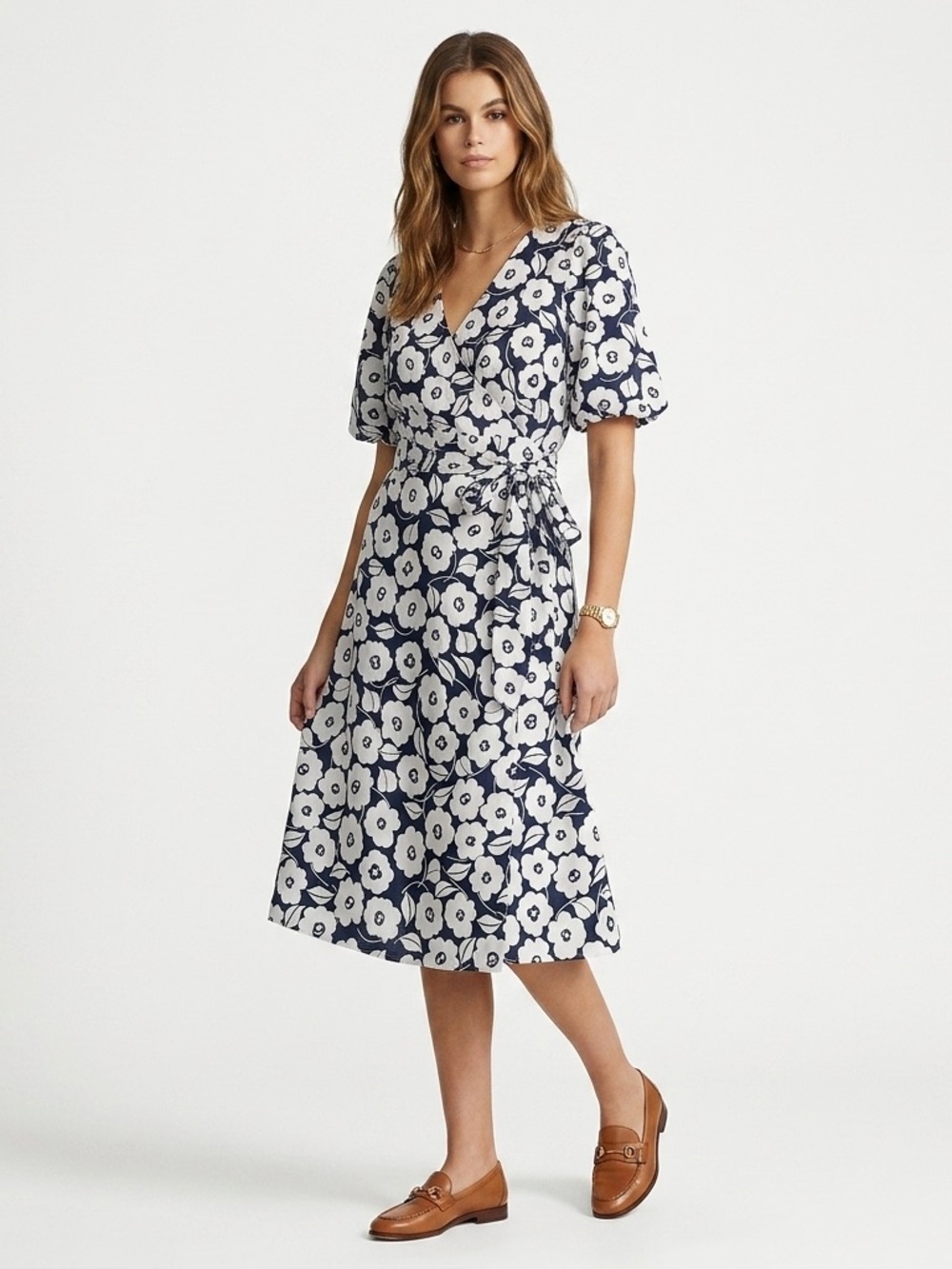 Charter Club Wrap Dress Puff Sleeve Floral Linen Navy White XL